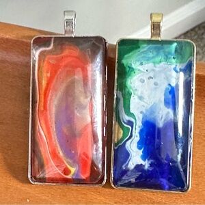 Handmade Fluid Art, Acrylic Hand Paint Pendants, Glass cabochon 2 In Set 1876